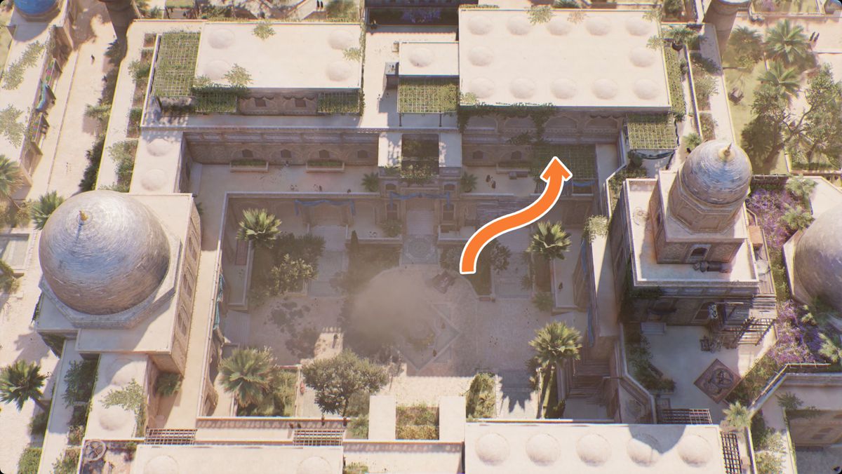 Assassin’s Creed Mirage overhead shot of the House of Wisdom with the route to the open window on the second floor marked.