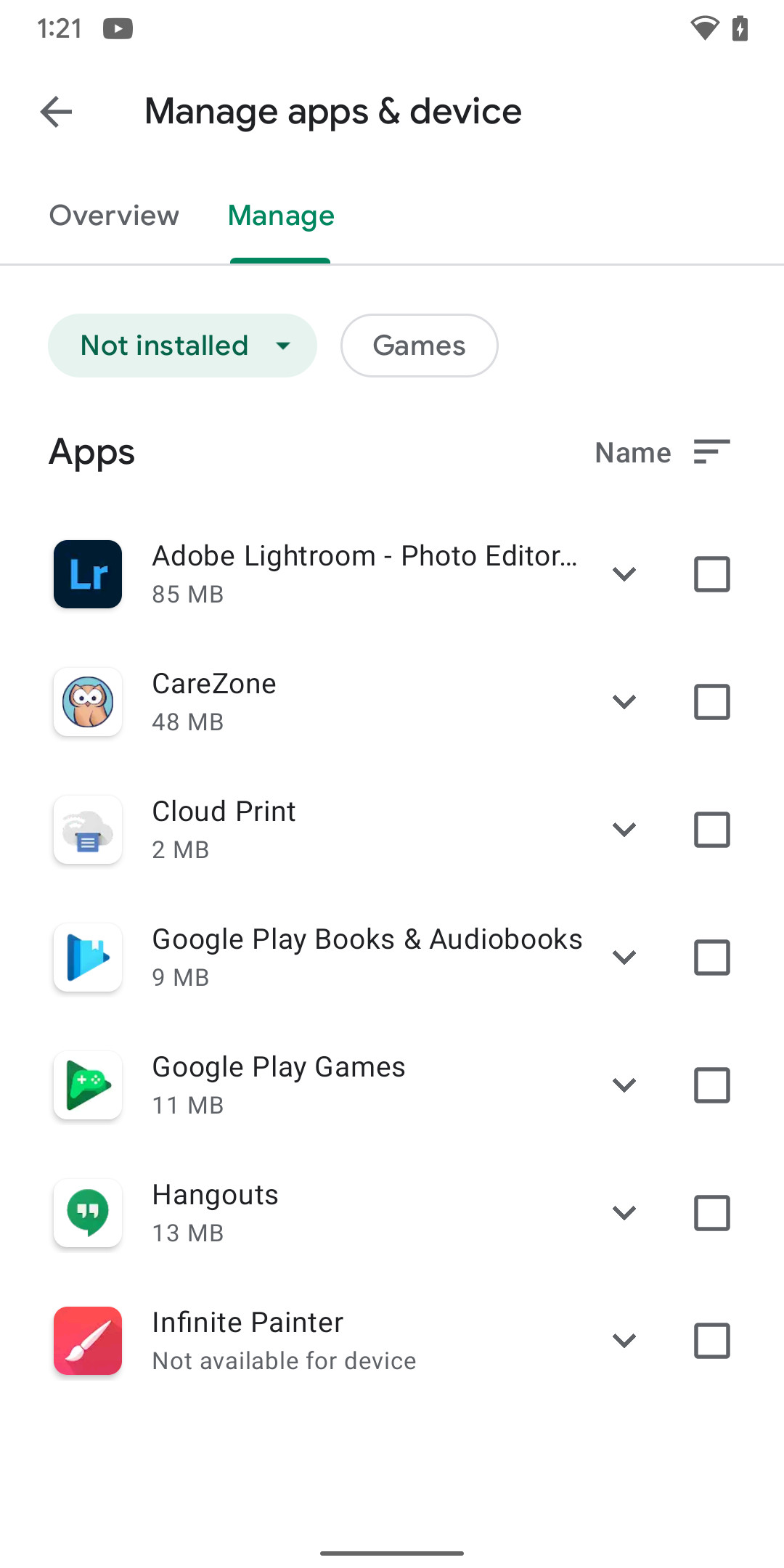 Check your “Not installed” apps for any you want to re-install.