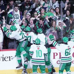 New Trier’s team celebrates after scoring a goal against Loyola, Friday 03-22-19. Worsom Robinson/For the Sun-Times