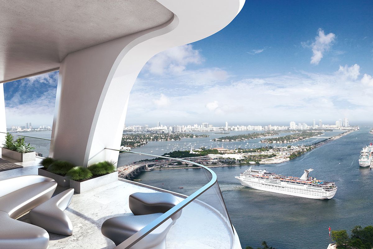 Rendering of a penthouse at One Thousand Museum in downtown Miami with the bay in the background