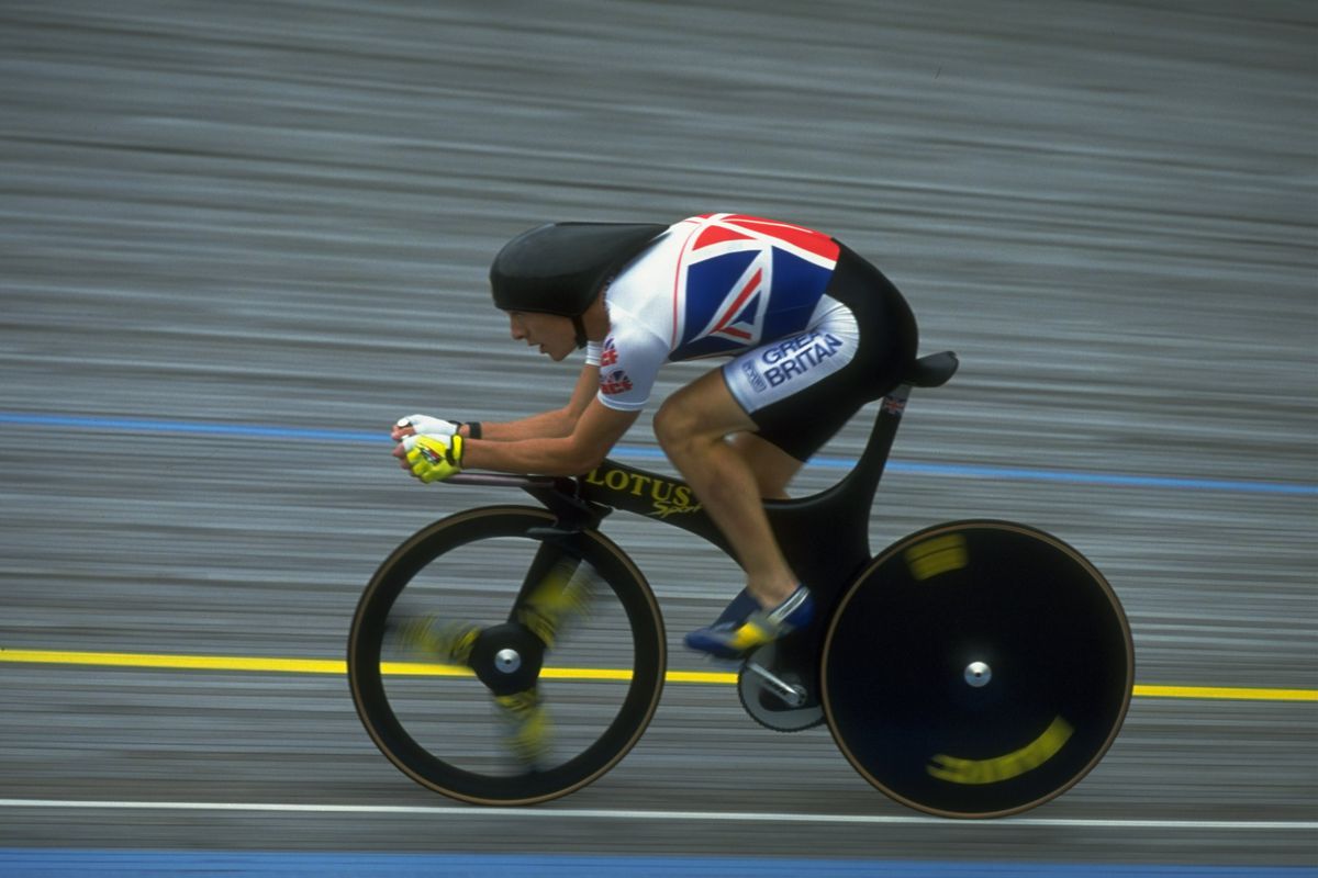 Chris Boardman riding the Lotus bike during the National Cycling Championships in Leicester in August 1992