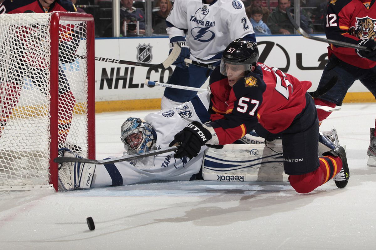SUNRISE, FL - OCTOBER 15: Goaltender Mathieu Garon #32 of the Tampa Bay Lightning stops a shot by Marcel Goc #57 of the Florida Panthers on October 15, 2011 at the BankAtlantic Center in Sunrise, Florida. (Photo by Joel Auerbach/Getty Images)