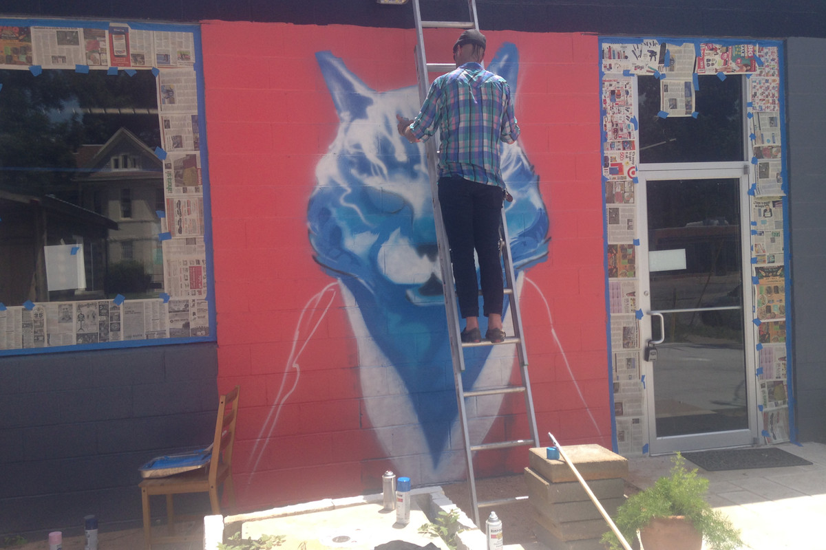 Blue Cat Cafe's mural in progress