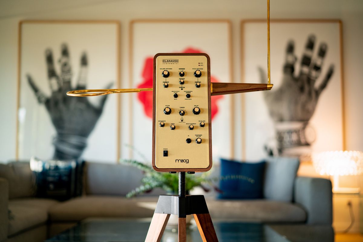 Photo of the Moog Claravox Centennial theremin in a living room.