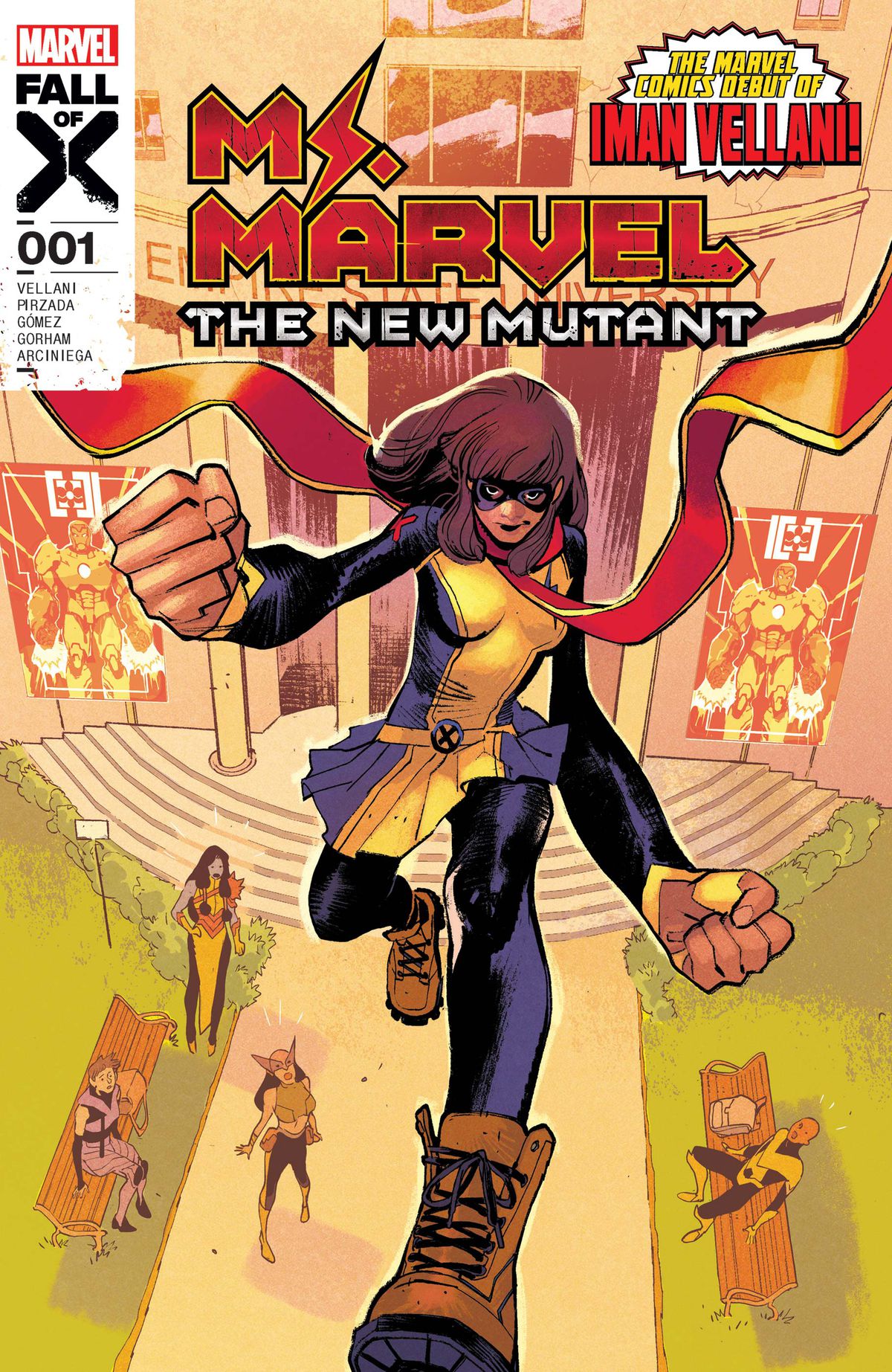 Ms. Marvel strides forward, with X-Men watching from park benches behind her, on the cover of Ms. Marvel: The New Mutant #1 (2023).