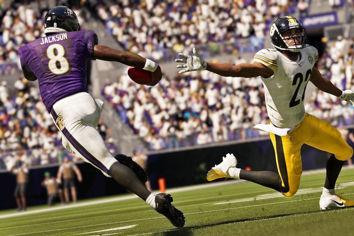 Baltimore Ravens quarterback Lamar Jackson juking a Pittsburgh Steelers defender in Madden NFL 21