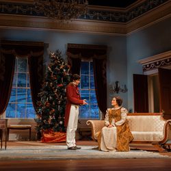 Jamen Nanthakumar as Arthur de Bourgh and Elizabeth Ramos as Mary Bennet in Pioneer Theatre Company's "Miss Bennet: Christmas at Pemberley."