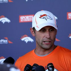 Broncos offensive coordinator Adam Gase answers questions after the third day of training camp