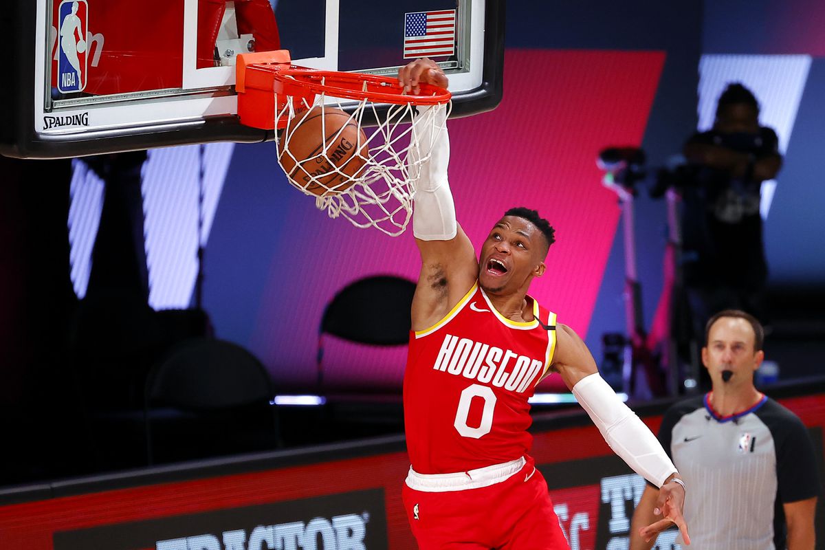 Russell Westbrook of the Houston Rockets dunks the ball during the second half against the Portland Trail Blazers at The Arena at ESPN Wide World Of Sports Complex on August 04, 2020 in Lake Buena Vista, Florida.