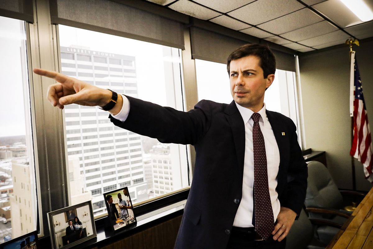 Mayor Pete Buttigieg points as he talks to an AP reporter at his office in South Bend, Ind., on January 10, 2019.