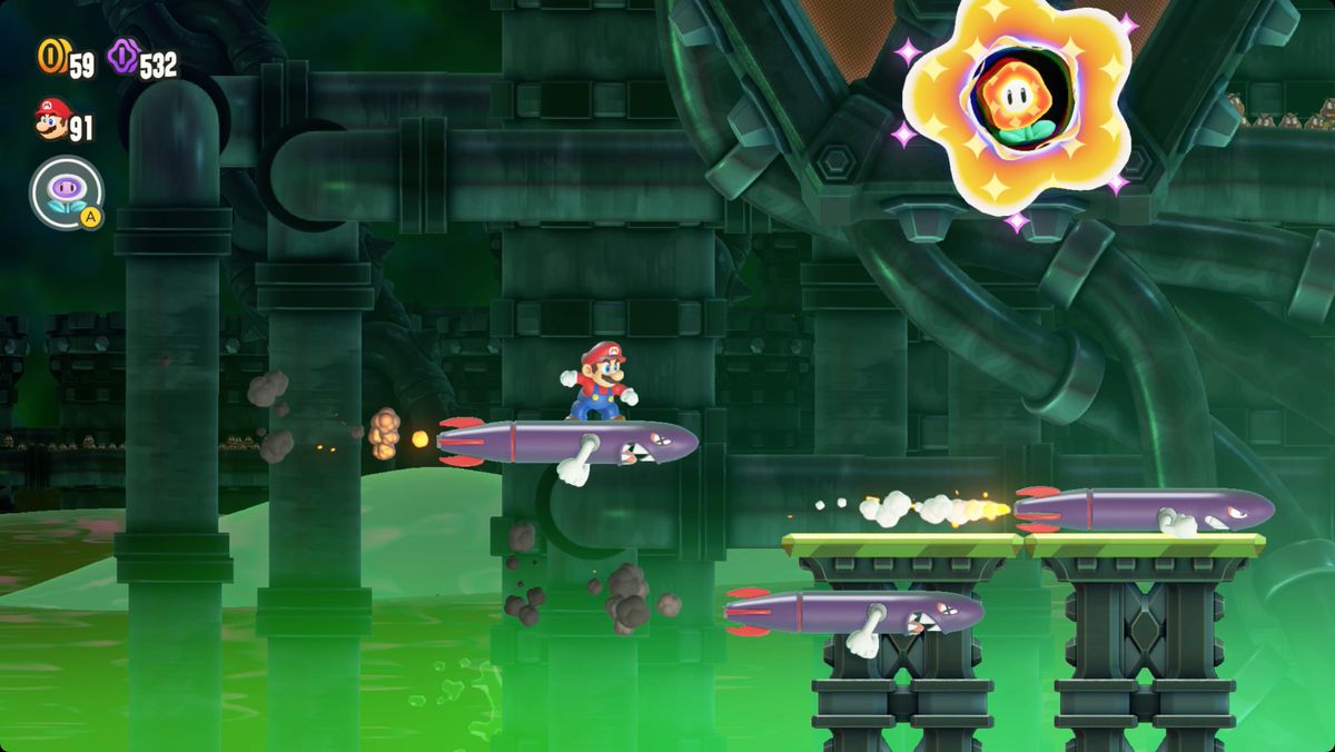 Super Mario Bros. Wonder Missile Meg Mayhem screenshot showing the Wonder Flower location.