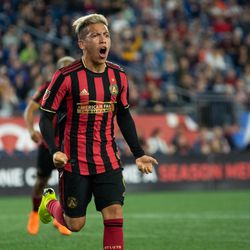 FOXBOROUGH, MA - APRIL 13: Atlanta United FC midfielder Ezequiel Barco #8 celebrates his first half goal against the New England Revolution at Gillette Stadium on April 13, 2019 in Foxborough, Massachusetts. (Photo by J. Alexander Dolan - The Bent Musket)