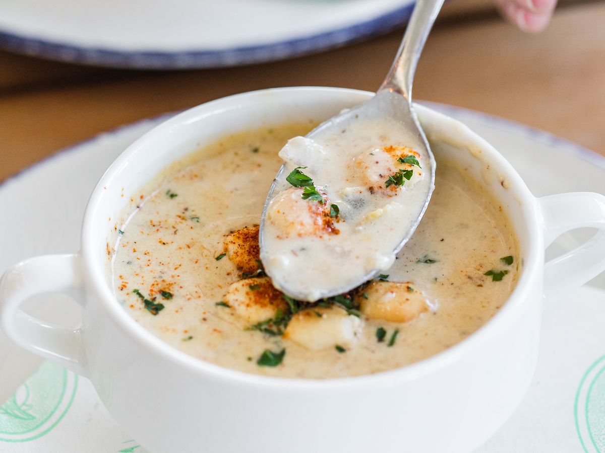 A spoonful of the oyster chowder at Pier 6.