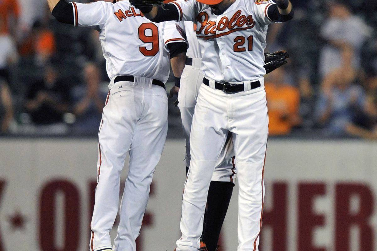 It took nearly five hours to get there, but the game ended in a victory jump for the Orioles outfielders... wait, no, this was Monday's game. There are no pictures of tonight's game yet. Sorry. Mandatory Credit: Joy R. Absalon-US PRESSWIRE