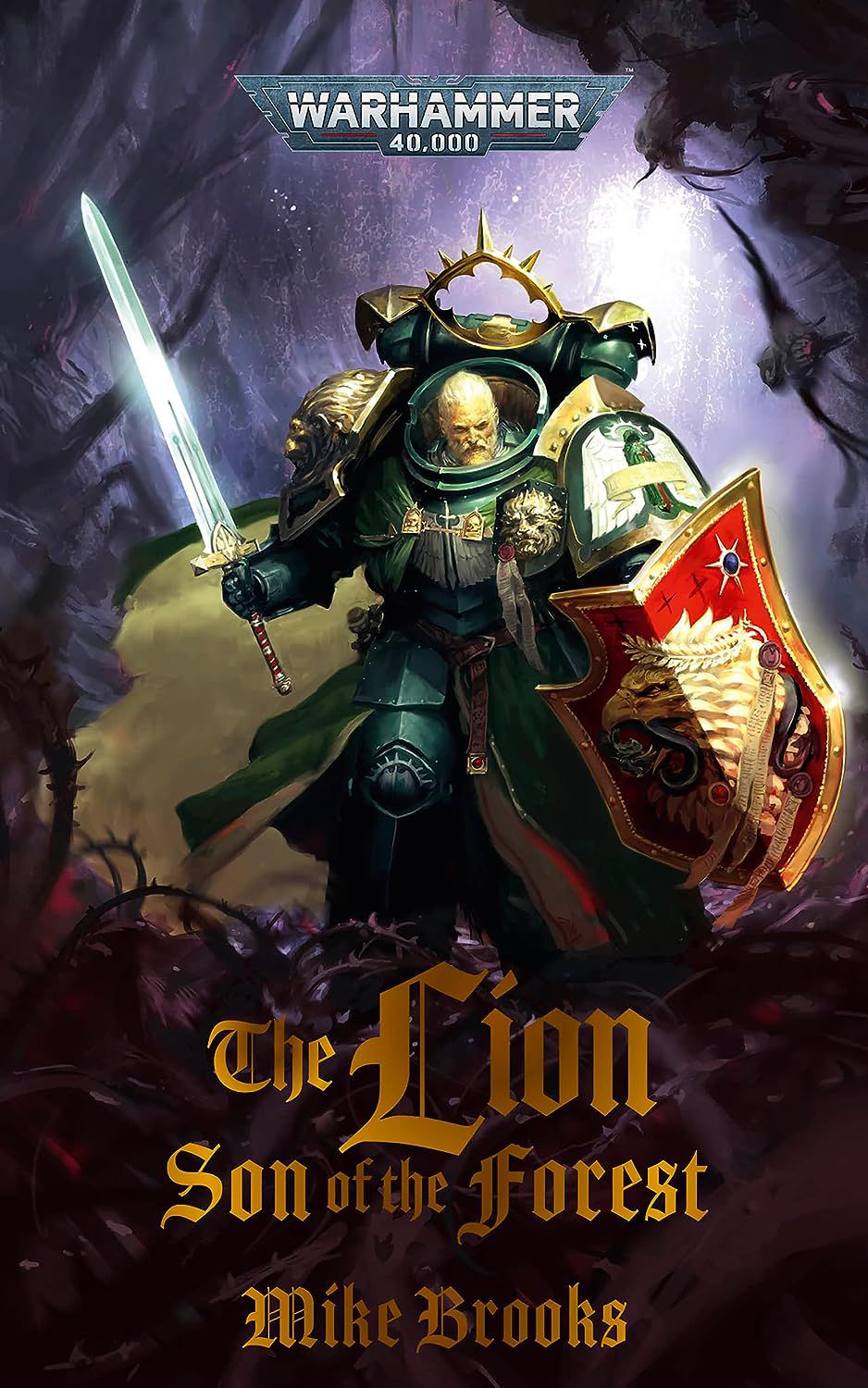 Cover art for The Lion: Son of the Forest by Mike Brooks shows The Lion clad in green armor striding through a purple wood with sword drawn