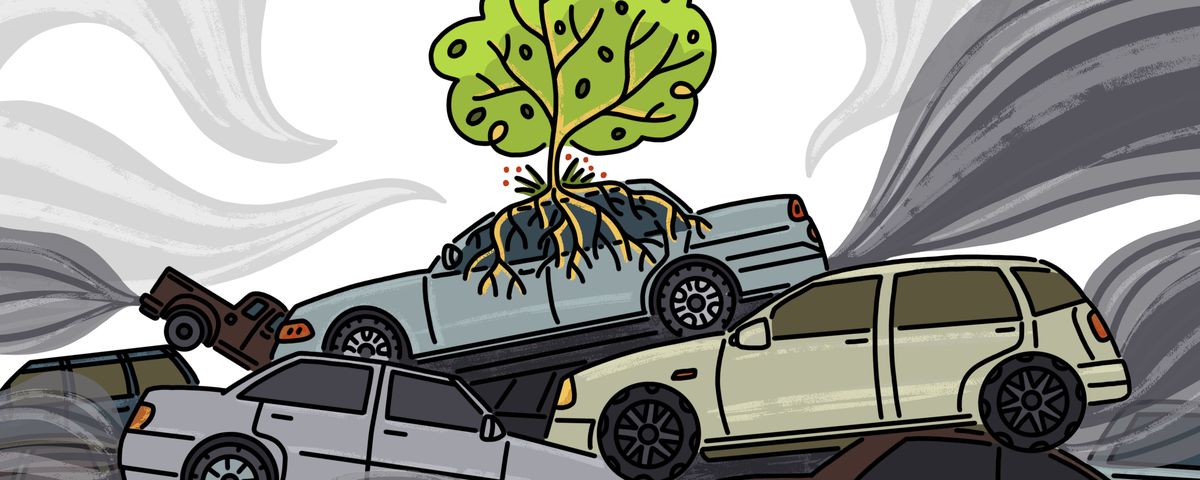 A junkyard pile up of old cars. Smog fills the air. A single tree has taken root at the top of the pile. Illustration.
