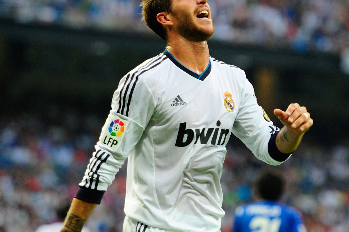 MADRID, SPAIN - AUGUST 19:  Sergio Ramos reacts of Real Madrid with of Valencia during the la Liga match between Real madrid and Valencia at Estadio Santiago Bernabeu on August 19, 2012 in Madrid, Spain.  (Photo by Gonzalo Arroyo Moreno/Real Madrid)