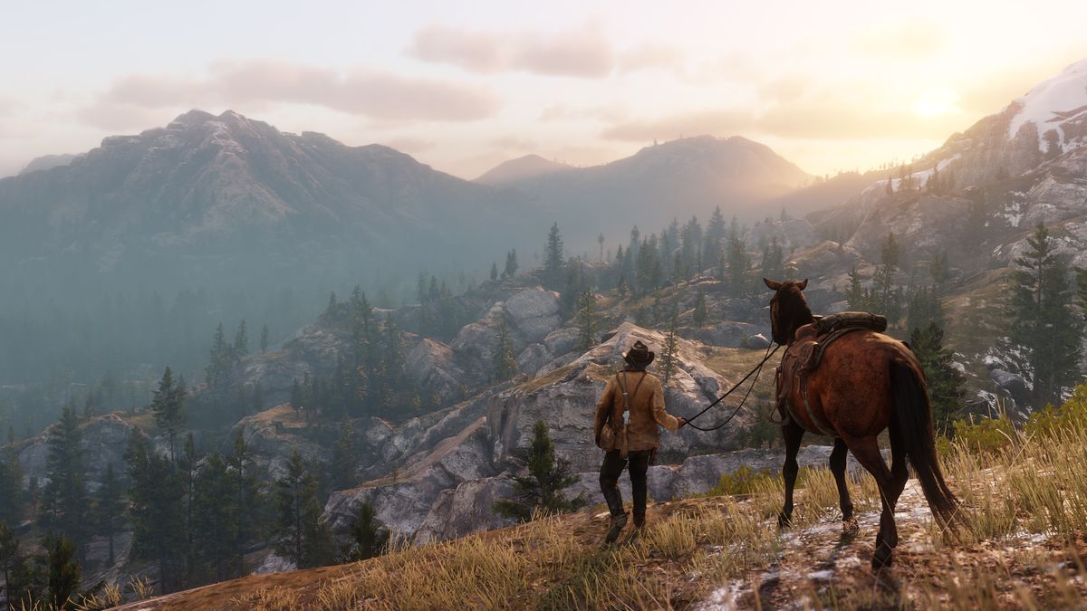 Red Dead Redemption 2 - Arthur leading a brown horse down mountains