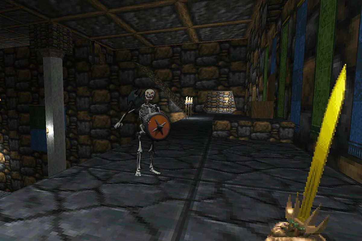 A screenshot from The Elder Scrolls II: Daggerfall featuring the player wielding a gold sword against a sword-wielding skeleton.