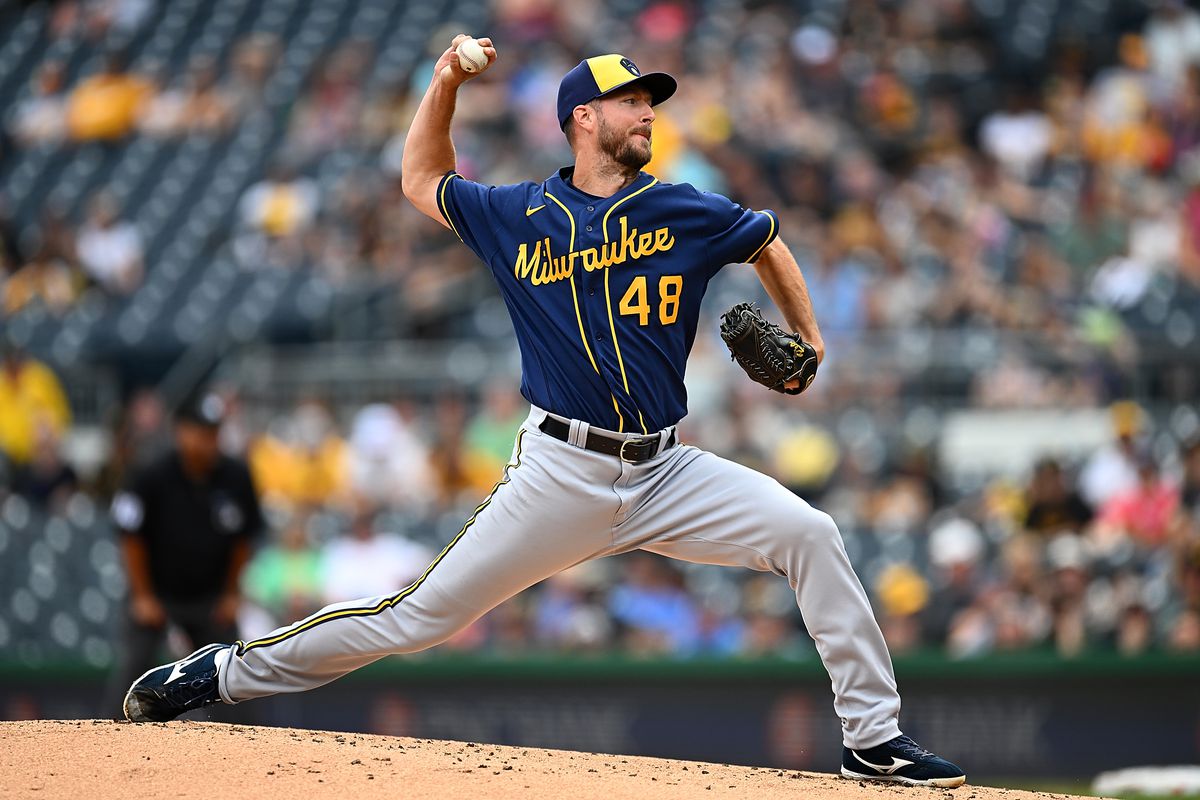 Colin Rea #48 of the Milwaukee Brewers pitches during the first inning against the Pittsburgh Pirates at PNC Park on July 2, 2023 in Pittsburgh, Pennsylvania.