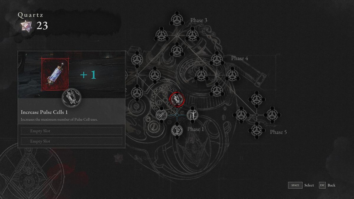 A Lies of P menu shows the player’s skill tree and available Quartz.