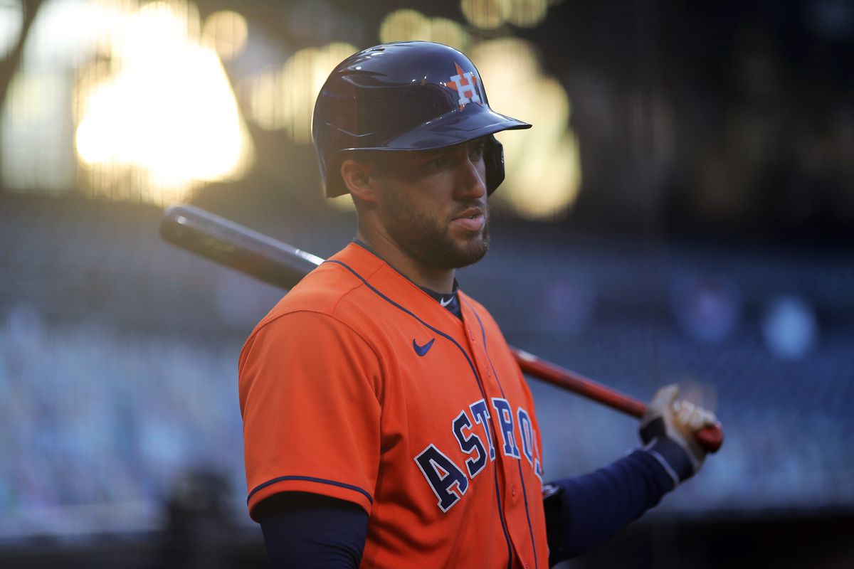 George Springer #4 of the Houston Astros looks on during Game 7 of the ALCS between the Tampa Bay Rays and the Houston Astros at Petco Park on Saturday, October 17, 2020 in San Diego, California.