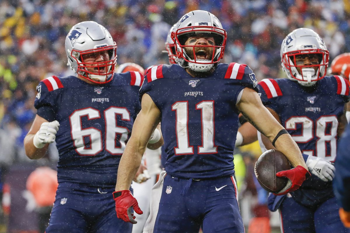 New England Patriots wide receiver Julian Edelman reacts after scoring a touchdown during the first half against the Cleveland Browns at Gillette Stadium.