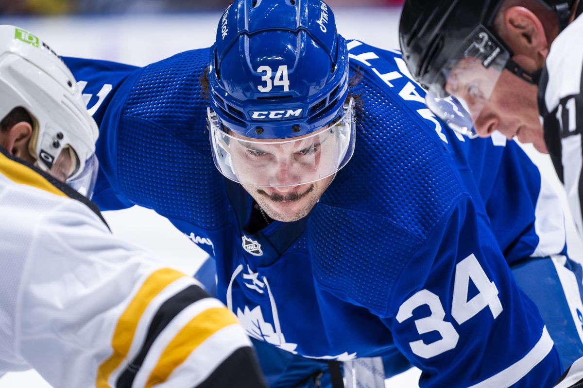Auston Matthews #34 of the Toronto Maple Leafs takes a face off against the Boston Bruins during the first period at the Scotiabank Arena on November 5, 2022 in Toronto, Ontario, Canada.