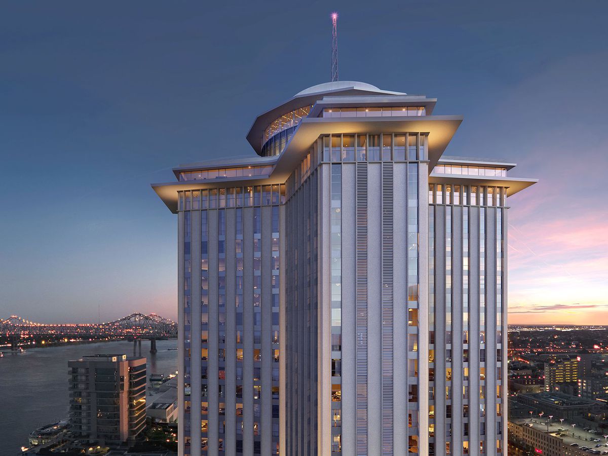 A rendering of the outside of the top floors of the World Trade Center in New Orleans includes a sunset skyline of the Mississippi River and the city below it.