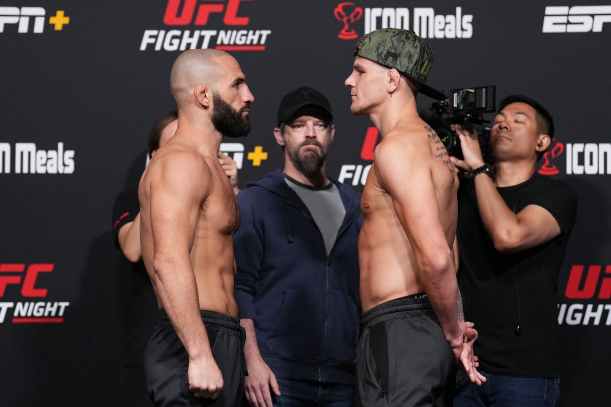Opponents Jared Gordon and Grant Dawson face off during the UFC weigh-in at UFC APEX on April 29, 2022 in Las Vegas, Nevada.
