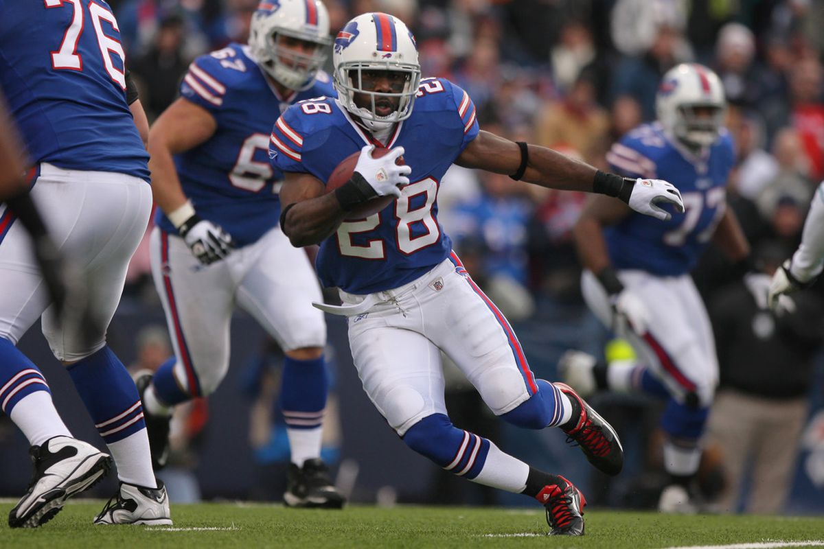 ORCHARD PARK, NY - DECEMBER 18: C.J. Spiller #28 of the Buffalo Bills carries the ball during their NFL game against the Miami Dolphins at Ralph Wilson Stadium on December 18, 2011 in Orchard Park, New York. (Photo by Tom Szczerbowski/Getty Images)