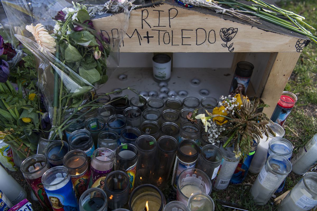 A memorial sits at the mouth of the alleyway where Adam Toledo was shot and killed by Chicago police near 24th Street and Sawyer Avenue in the Little Village neighborhood.