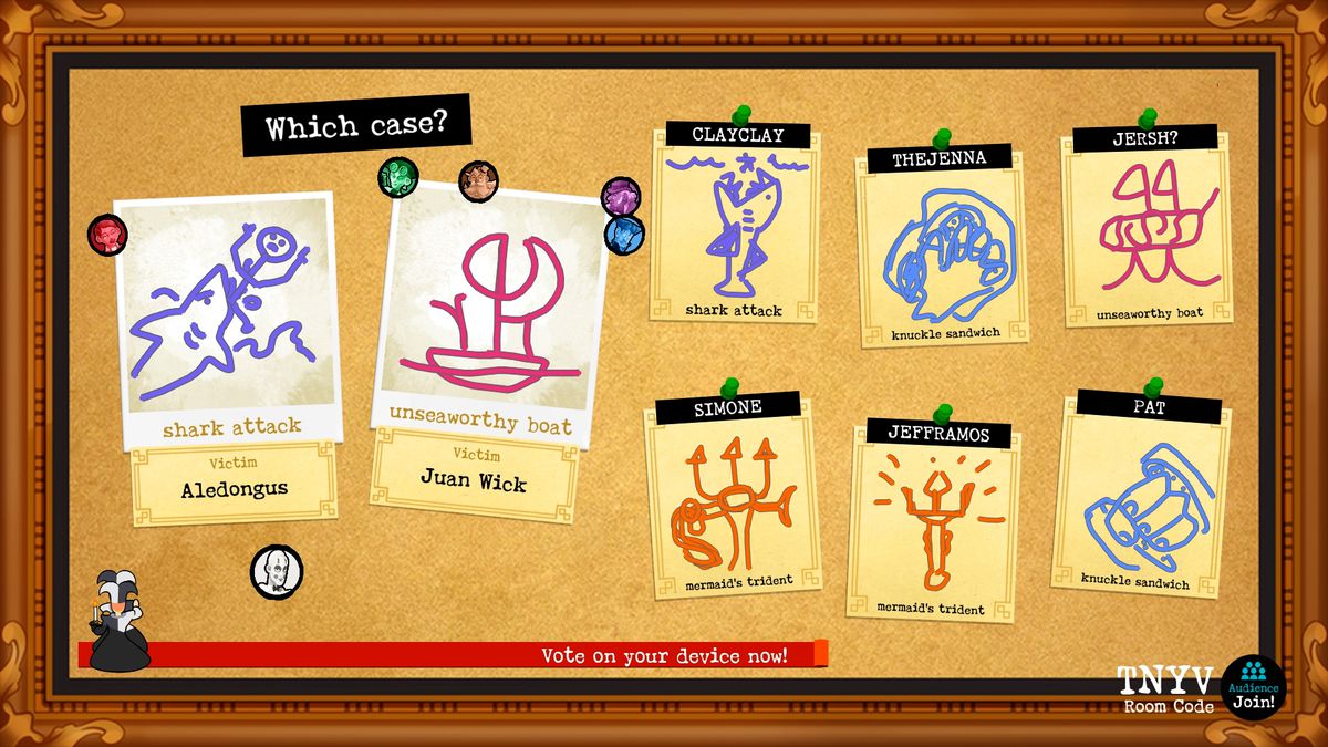 Eight crude drawings, including shark attacks, sinking boats, and tridents are shown on a screen from the Jackbox game Weapons Drawn.