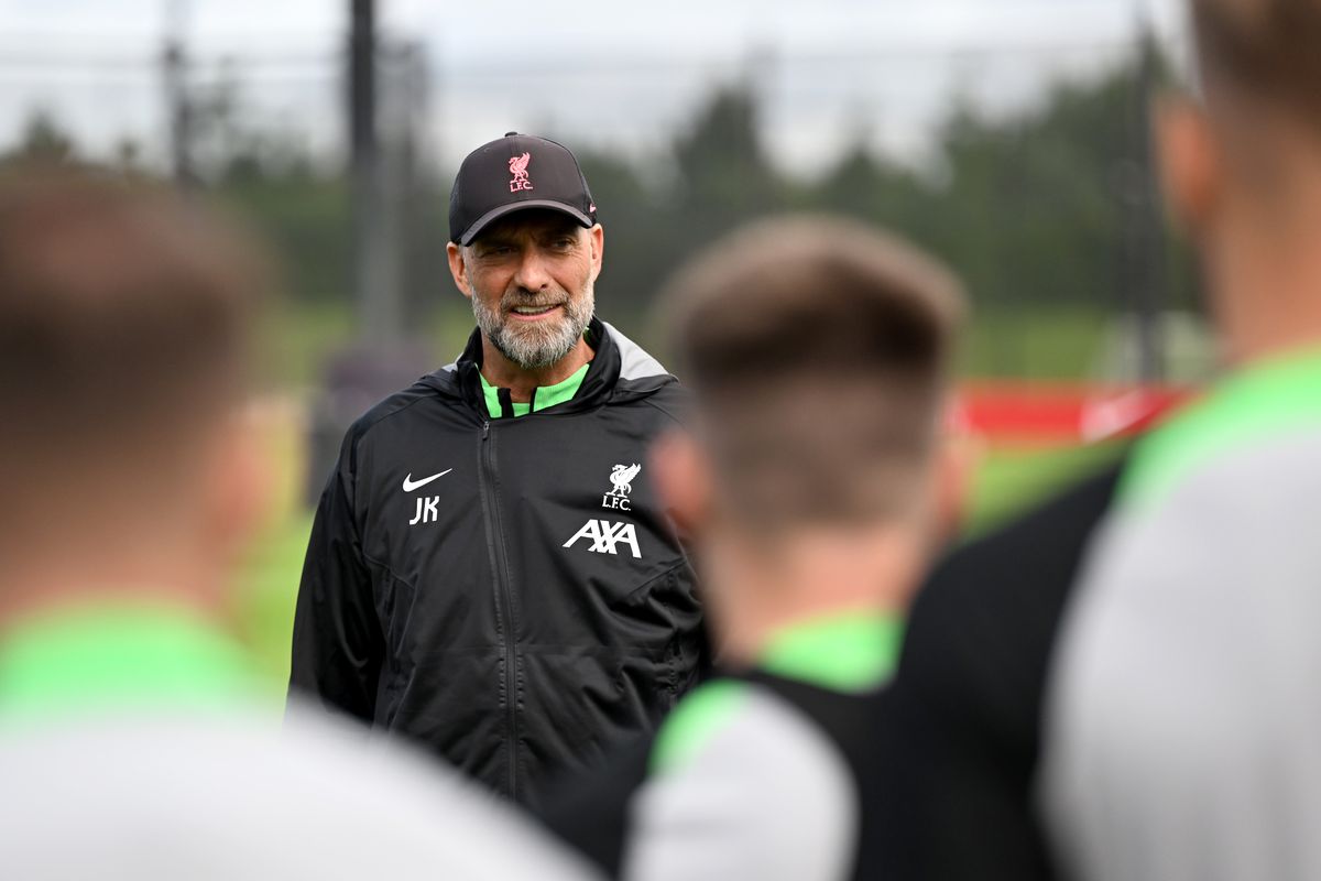 Jürgen Klopp manager of Liverpool during a pre-season training session at AXA Training Centre on July 13, 2023 in Kirkby, England.