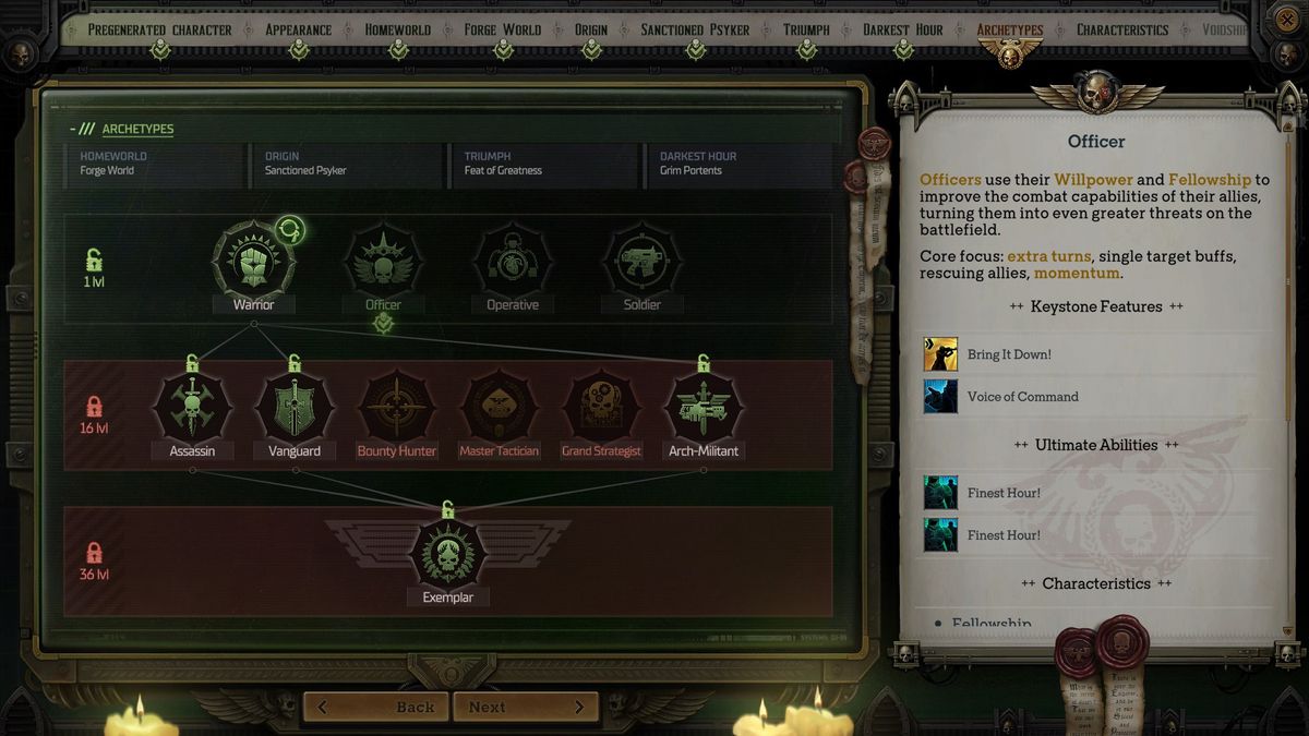 A menu shows the best archetypes in Warhammer 40K Rogue Trader.