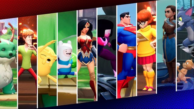 A collage of fighters from MultiVersus, including Finn and Jake, Wonder Woman, Superman, Shaggy, Garnet, and Velma.