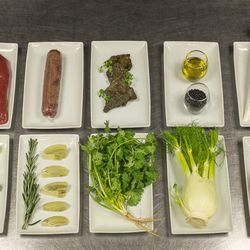 The ingredients: (top row l-r) Venison leg filet, rolled leg fillet, freeze dried licorice,olive oil, manuka salt, juniper meringue. <br>
(bottom row l-r) butter, thyme, garlic, cooked fennel, cilantro, raw fennel, celery root.