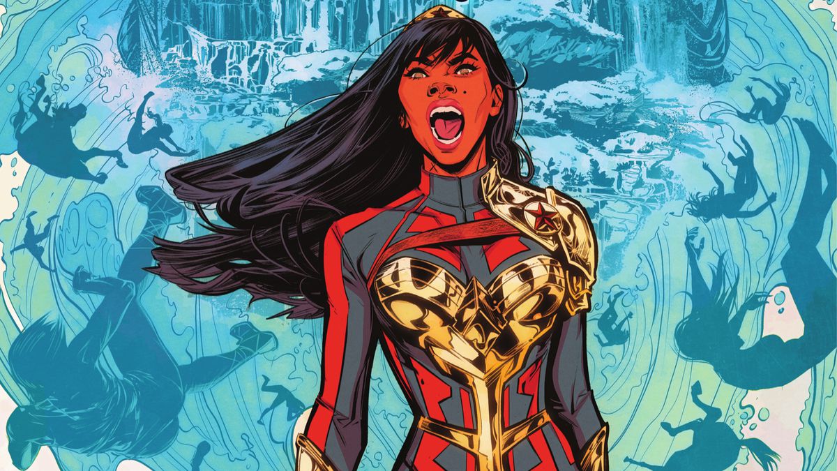 Yara Flor/Wonder Girl roars in defiance, with gods and mortals of all kind swirling in a maelstrom behind her on the cover of Wonder Girl #1, DC Comics (2021).