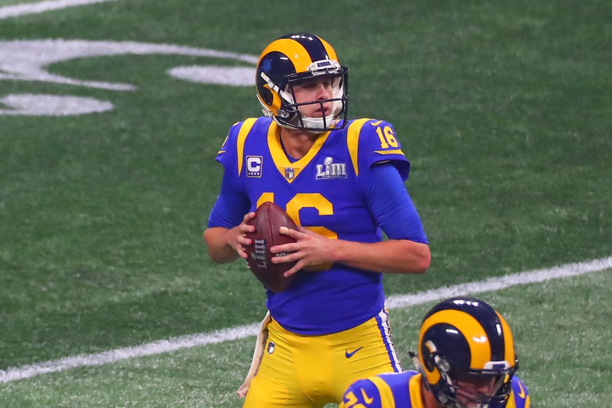 Los Angeles Rams QB Jared Goff drops back during Super Bowl LIII against the New England Patriots, Feb. 3, 2019.