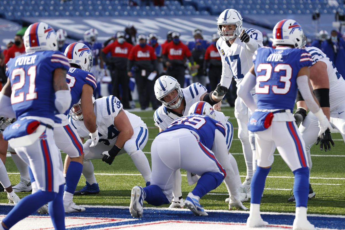 Philip Rivers #17 of the Indianapolis Colts signals during the first half of the AFC Wild Card playoff game against the Buffalo Bills at Bills Stadium on January 09, 2021 in Orchard Park, New York.