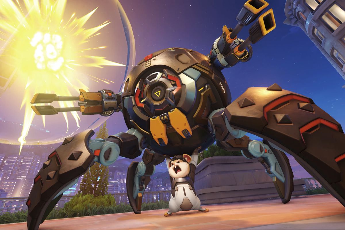 Hammond the hamster pretends to lift his mech ball in a screenshot from Overwatch 2