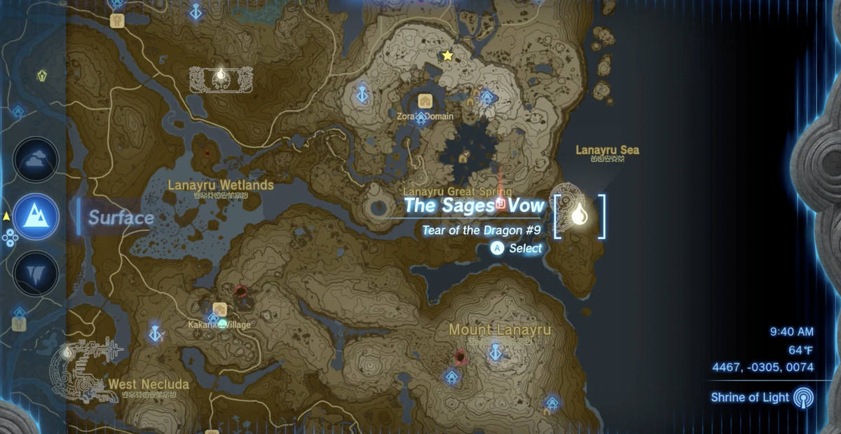 The glyph location and Dragon Tear location for Tear#9: The Sages' Vow in The Legend of Zelda: Tears of the Kingdom