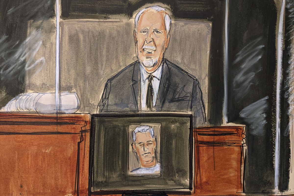 In this courtroom sketch, Lawrence Paul Visoski Jr., who was one of Jeffrey Epstein’s pilots, testifies on the witness stand during Ghislaine Maxwell’s sex trafficking trial, Monday, Nov. 29, 2021, in New York. 