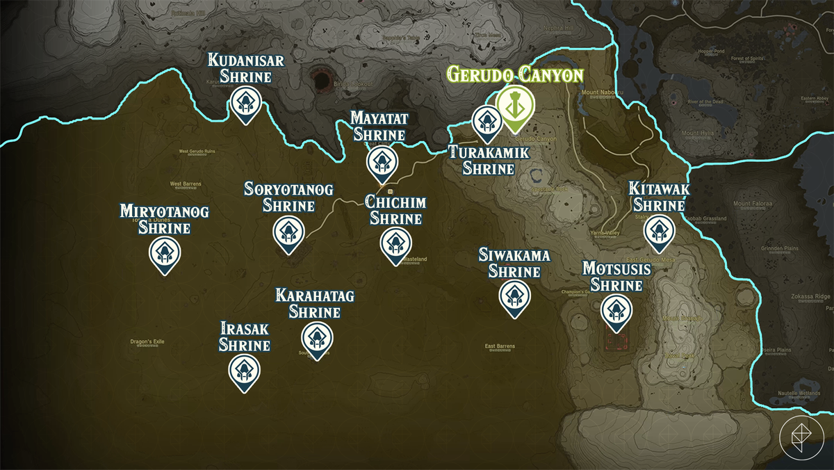 Zelda Tears of the Kingdom map of the Gerudo Canyon region with shrine locations marked