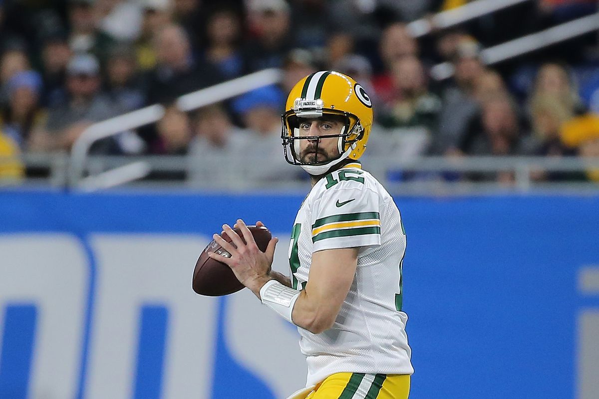 Aaron Rodgers of the Green Bay Packers drops back to pass during the first quarter of the game against the Detroit Lions at Ford Field on December 29, 2019 in Detroit, Michigan.