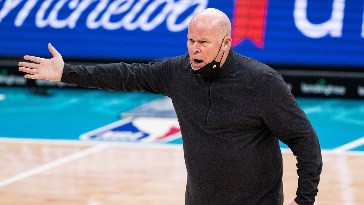 Orlando Magic head coach Steve Clifford reacts to a call during their game against the Charlotte Hornets at Spectrum Center on May 07, 2021 in Charlotte, North Carolina.