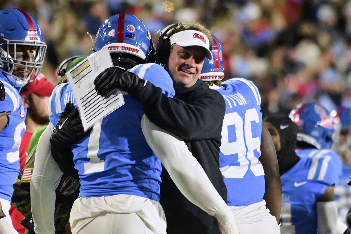 Mississippi Rebels head coach Lane Kiffin reacts with defensive lineman Sam Williams after a safety against the Texas A&amp;amp;M Aggies during the second quarter at Vaught-Hemingway Stadium.&nbsp;