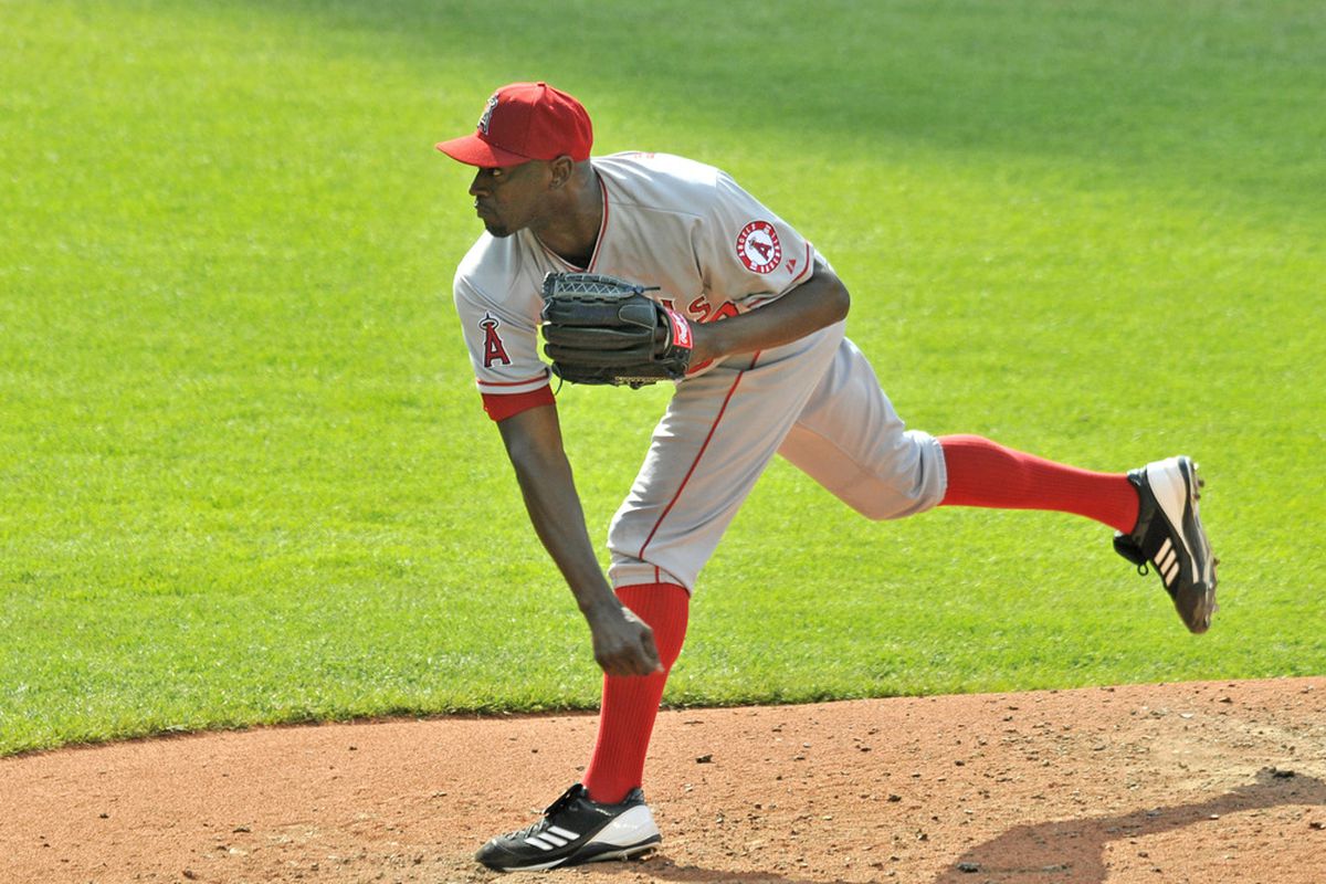Jul 4, 2012; Cleveland, OH, USA; Los Angeles Angels relief pitcher LaTroy Hawkins (32) delivers in the fourth inning against the Cleveland Indians at Progressive Field. Mandatory Credit: David Richard-US PRESSWIRE