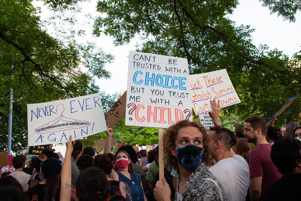 In reaction to the announcement that the Supreme Court struck down Roe v. Wade, protestors assembled in Washington Square Park and then marched north to Union Square. June 24th 2022, in New York City. 