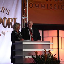Karen Jones (left) and Tom Dolan (right); Governor's State of Sport Awards; May 10, 2016; Salt Lake City.
